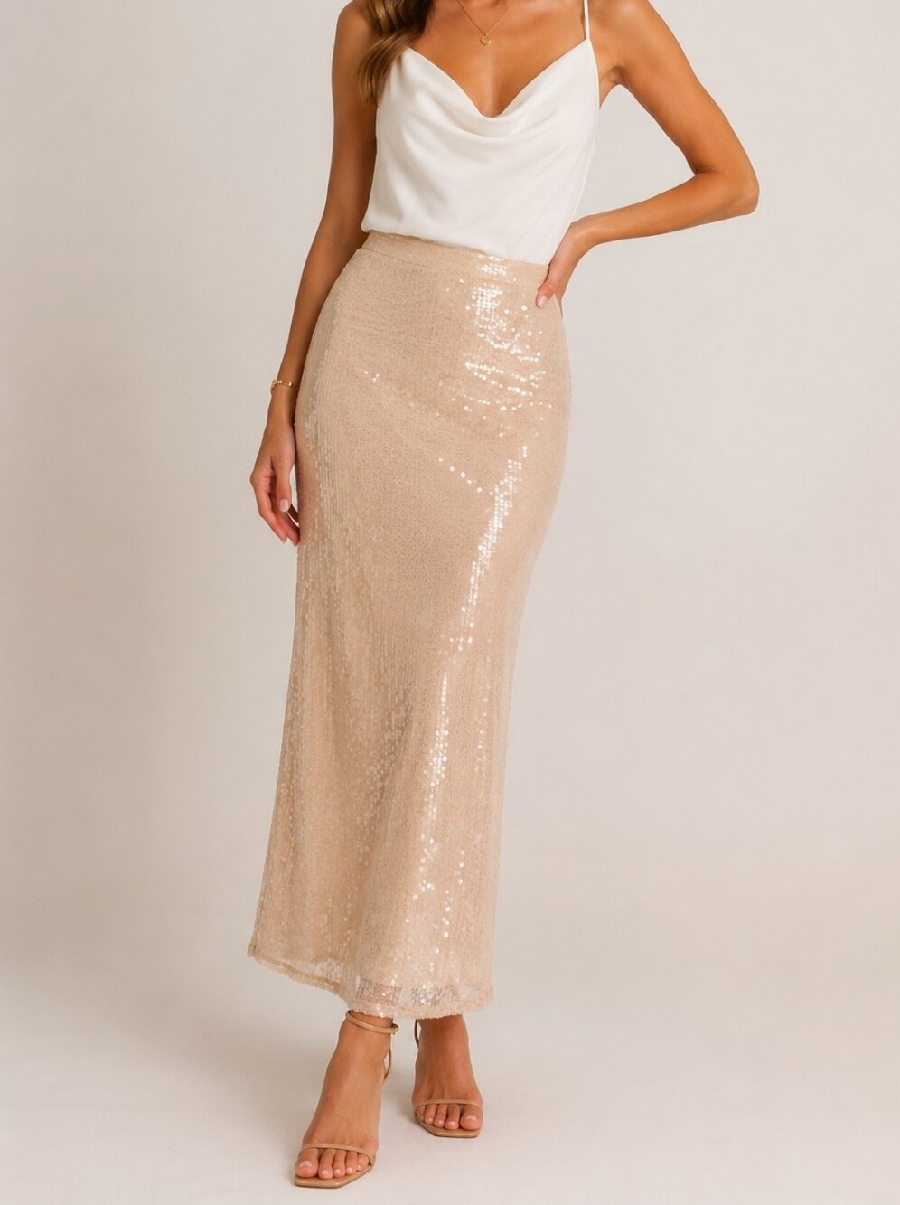 Agua de Coco Sequin Skirt Beige Nude Midi Maxi Lined NWT Women's Small